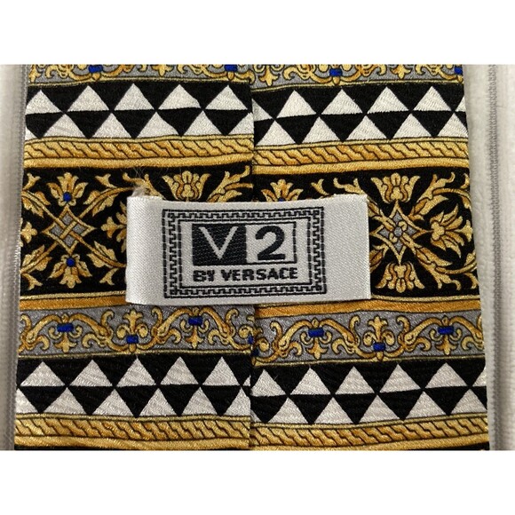 V2 by Versace Men’s Tie 100% Silk Gold Black Geometric Luxury Designer Italy - Picture 5 of 7